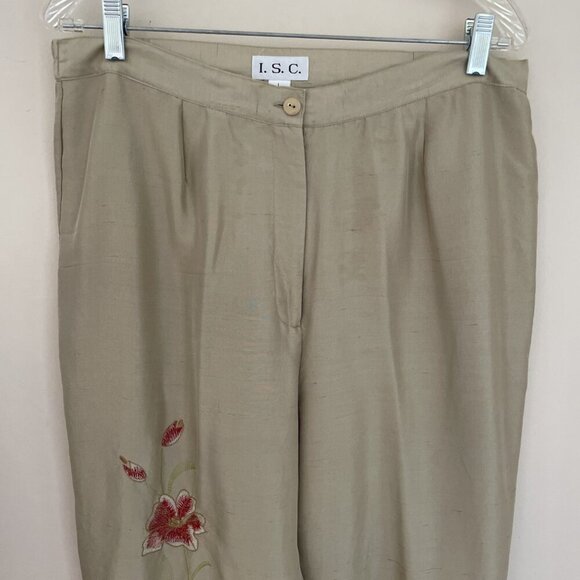 I.S.C. 100% Silk Tunic & Embroidered Pant Set Women's Large Beige Floral Luxury - Picture 4 of 12